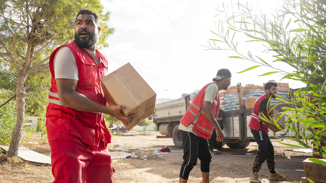 Libyan Red Crescent teams bringing in vital supplies to flood devastated areas of Libya.