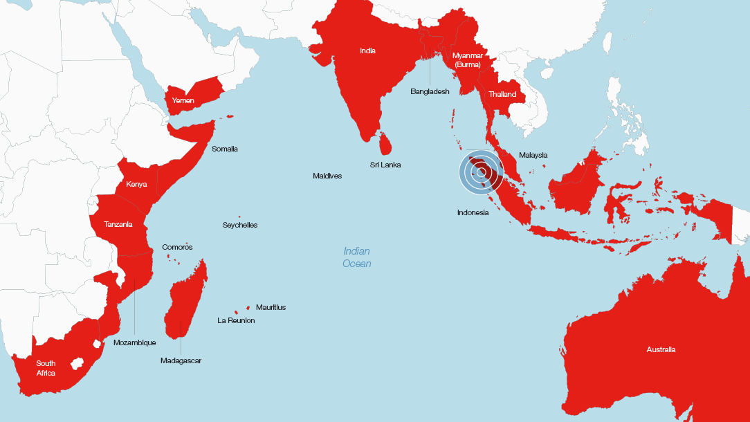 A map showing the countries affected by the Indian Ocean disaster, which reaches from as far west as East Africa and as far east as the north of Australia