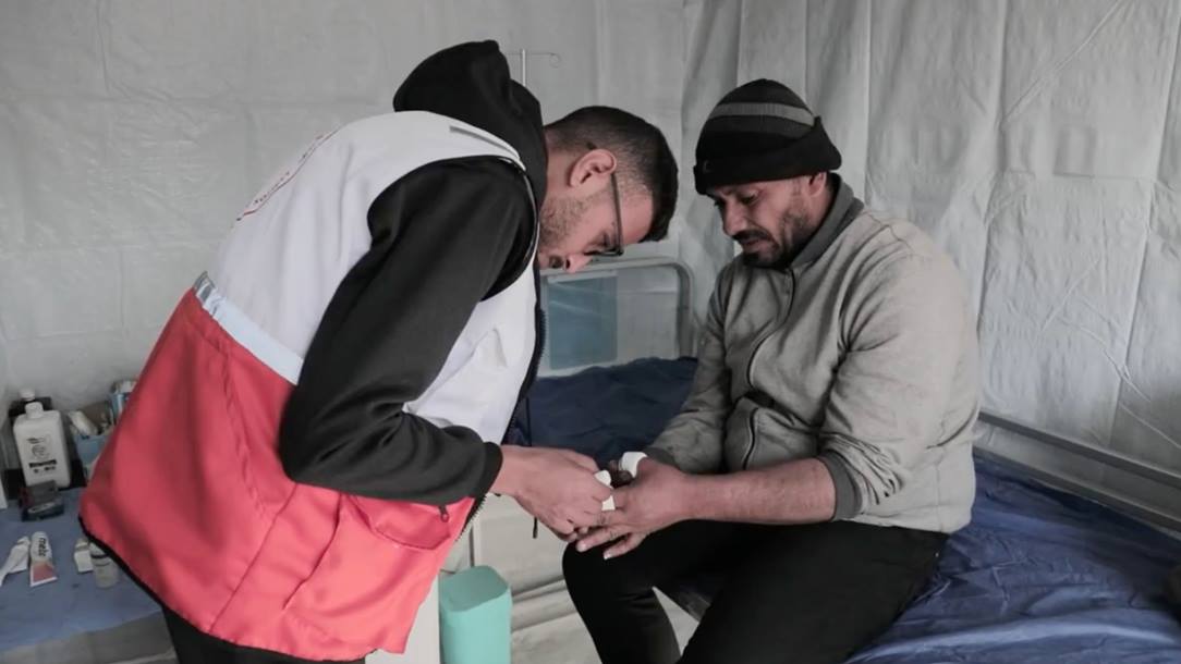 Mohamed from Gaza receives medical treatment at the Palestine Red Crescent Society medical clinic in Jabalia.