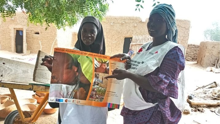Two members of a Mothers' Club hold up an educational poster promoting breastfeeding. 
