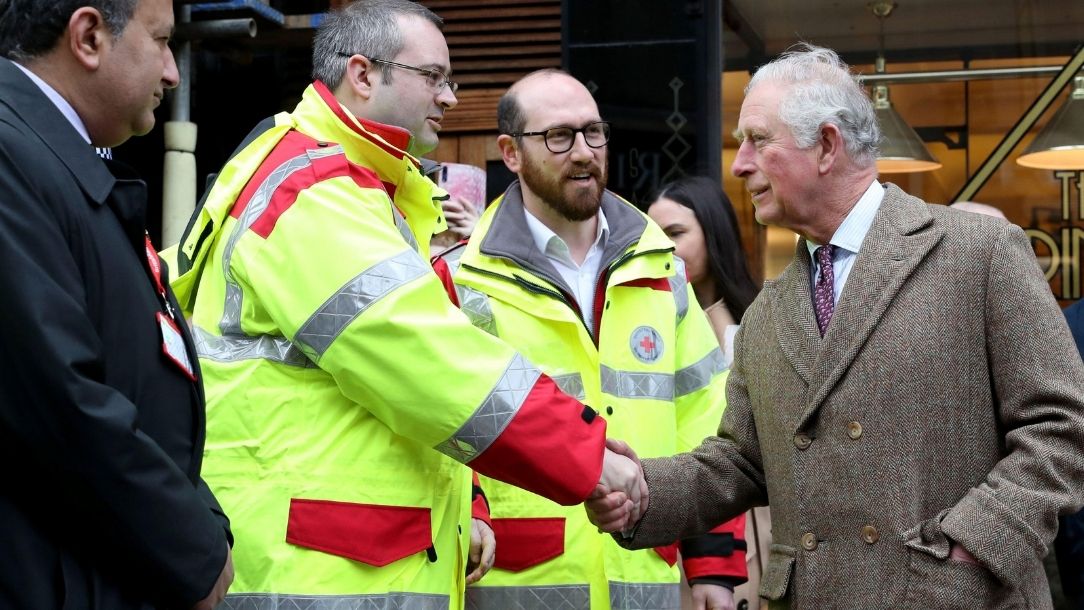 Prince Charles meeting British Red Cross volunteers after the Grenfell disaster in London.
