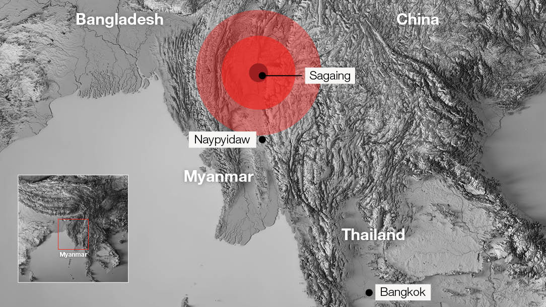 A map of shows the Myanmar earthquake epicentre and affected regions. A map of shows the Myanmar earthquake epicentre and affected regions.