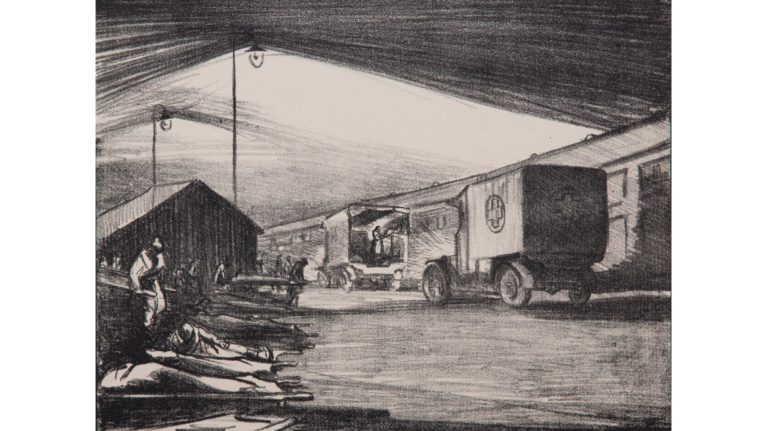 Etaples siding: VAD convoy unloading an ambulance train at night.  Lithograph by Olive Mudie-Cooke , 1920–1921