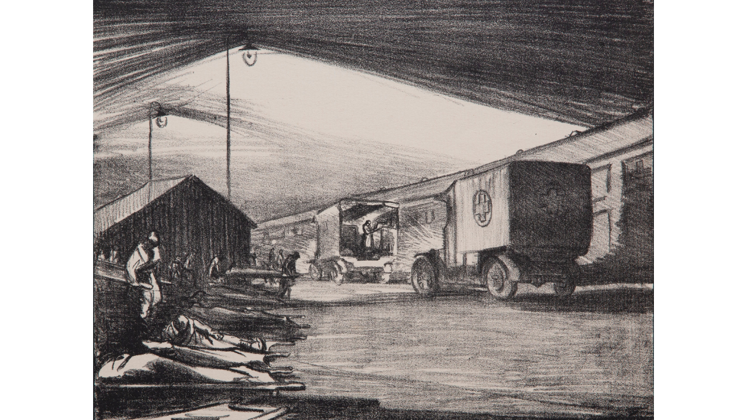 Etaples siding: VAD convoy unloading an ambulance train at night. Lithograph by Olive Mudie-Cooke , 1920–1921