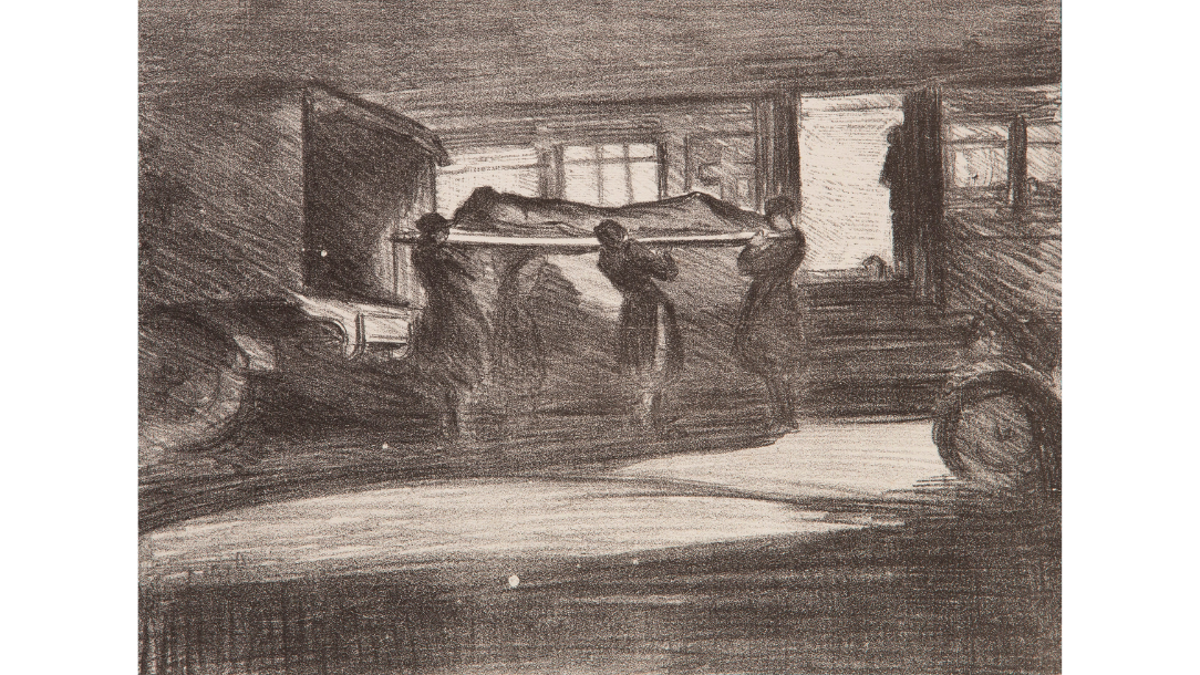 Camiers: VAD convoy unloading an ambulance train at night after the Battle of the Somme.  Lithograph by Olive Mudie-Cooke, 1920–1921