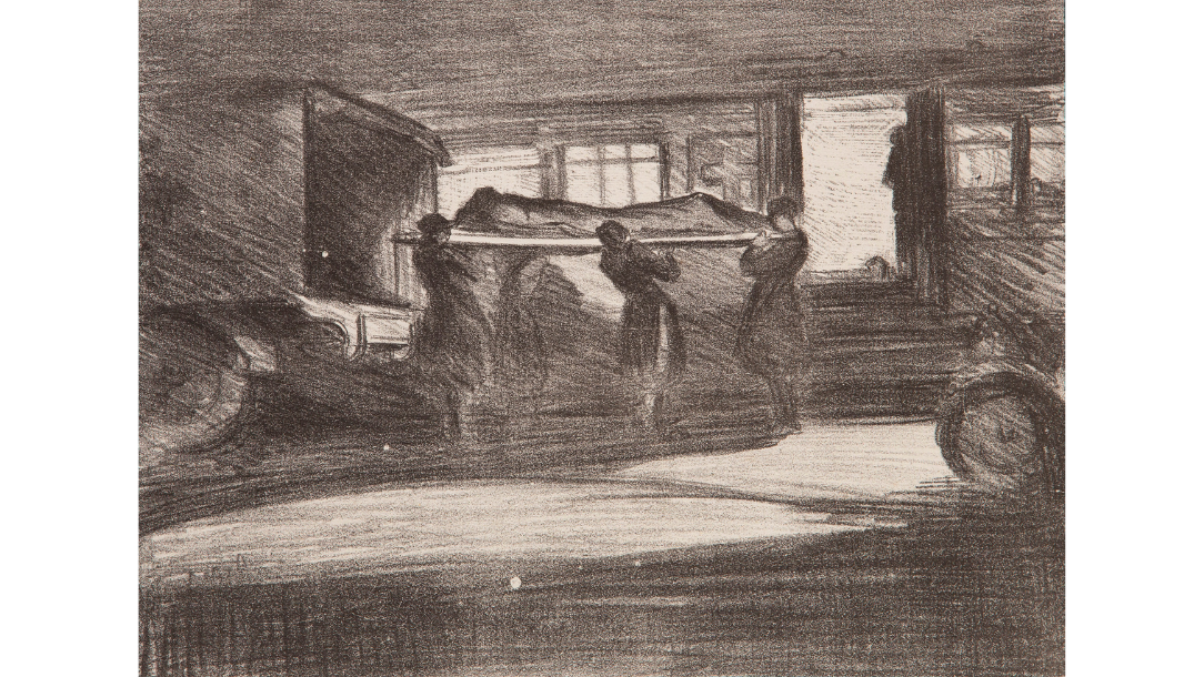 Camiers: VAD convoy unloading an ambulance train at night after the Battle of the Somme. Lithograph by Olive Mudie-Cooke, 1920–1921