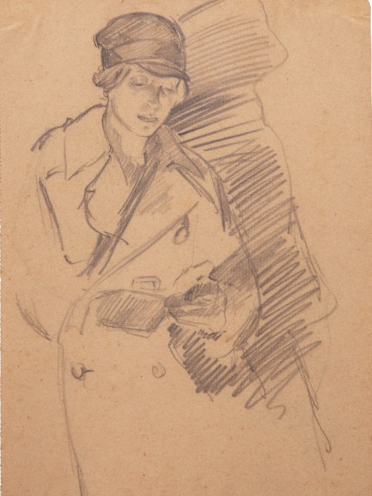 A sketch of a female ambulance driver by Olive Mudie-Cooke, who worked as an ambulance driver and interpreter for the Red Cross. 