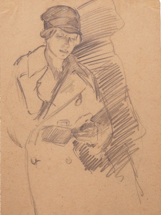 A sketch of a female ambulance driver by Olive Mudie-Cooke, who worked as an ambulance driver and interpreter for the Red Cross.