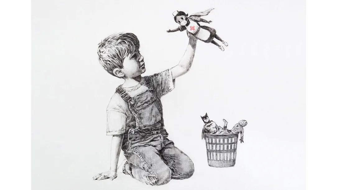 In this piece by the artist Banksy, a child plays with a basket of superhero toys, and is seen lifting a doll dressed as a Red Cross nurse through the air 