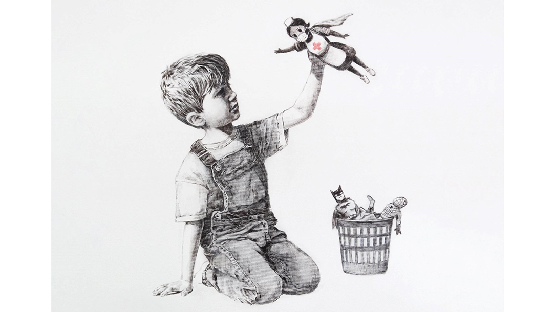 In this piece by the artist Banksy, a child plays with a basket of superhero toys, and is seen lifting a doll dressed as a Red Cross nurse through the air