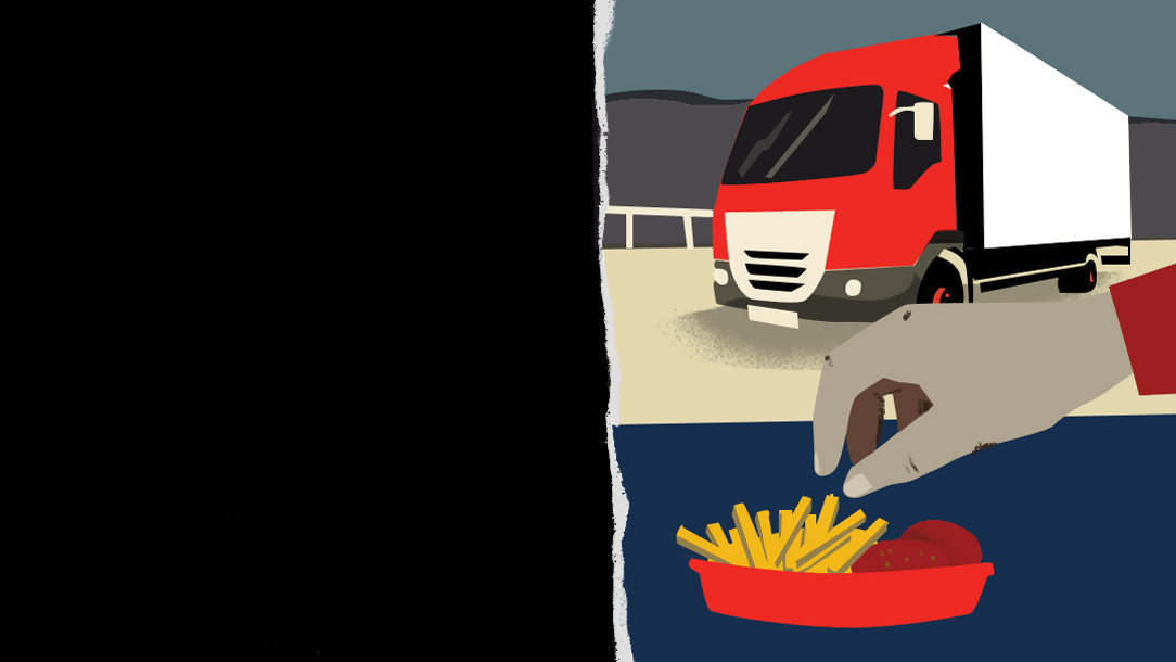 An illustrated drawing of a lorry in the background with a hand taking a chip from a carton of chips in the foreground