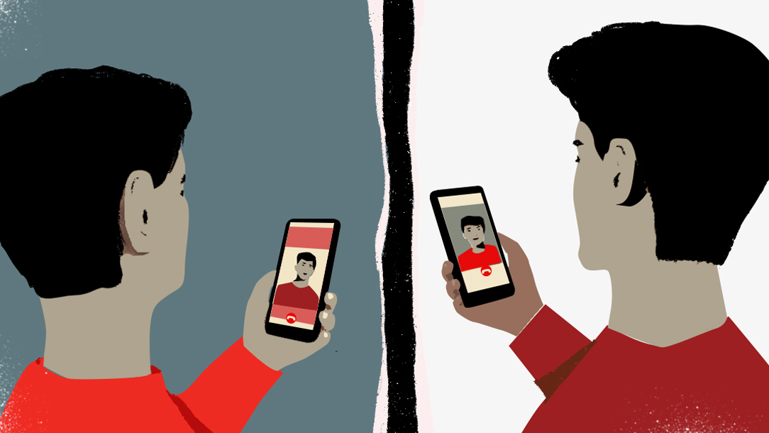 An illustrated drawing of two brothers Facetiming one another