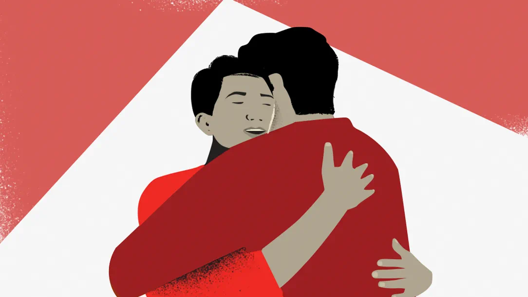 An illustrated drawing of two brothers hugging