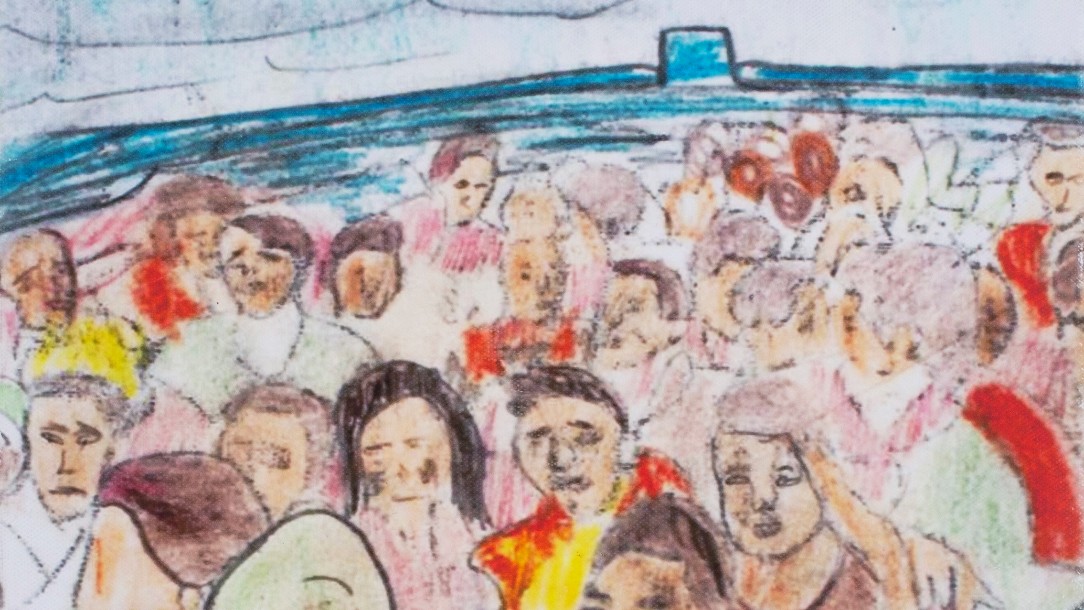 A drawing of people in a lifeboat