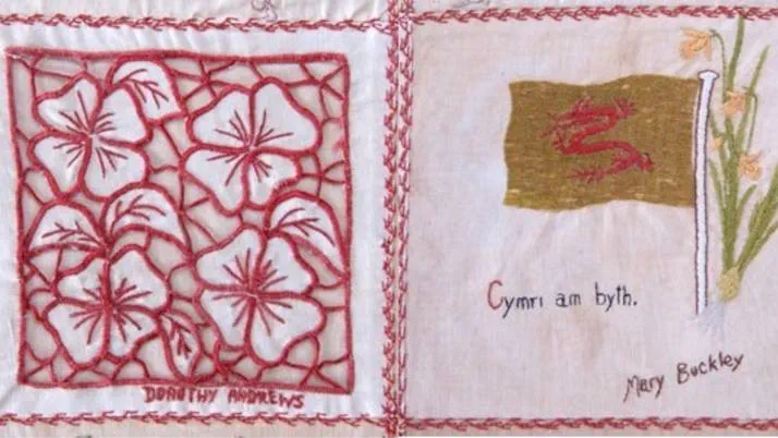 Quilt squares stitched by prisoners Dorothy Andrews and Mary Buckley