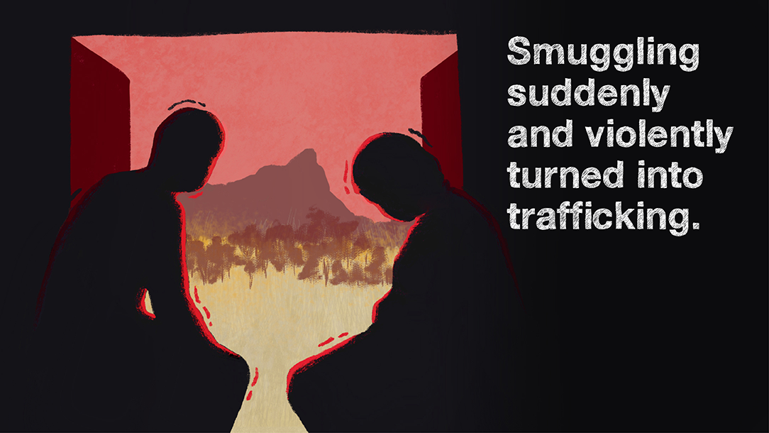 An illustration of the shadows of two people sitting in a truck, with the caption 'Smuggling suddenly and violently turned to trafficking'