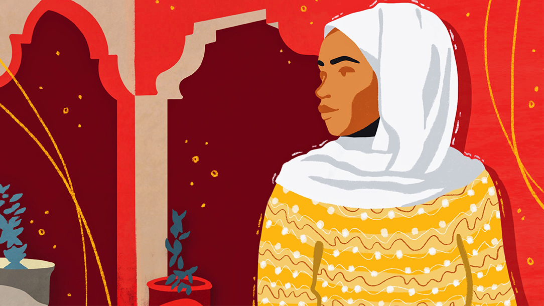 An illustration of a woman wearing a headscarf, looking into the distance in front of a building