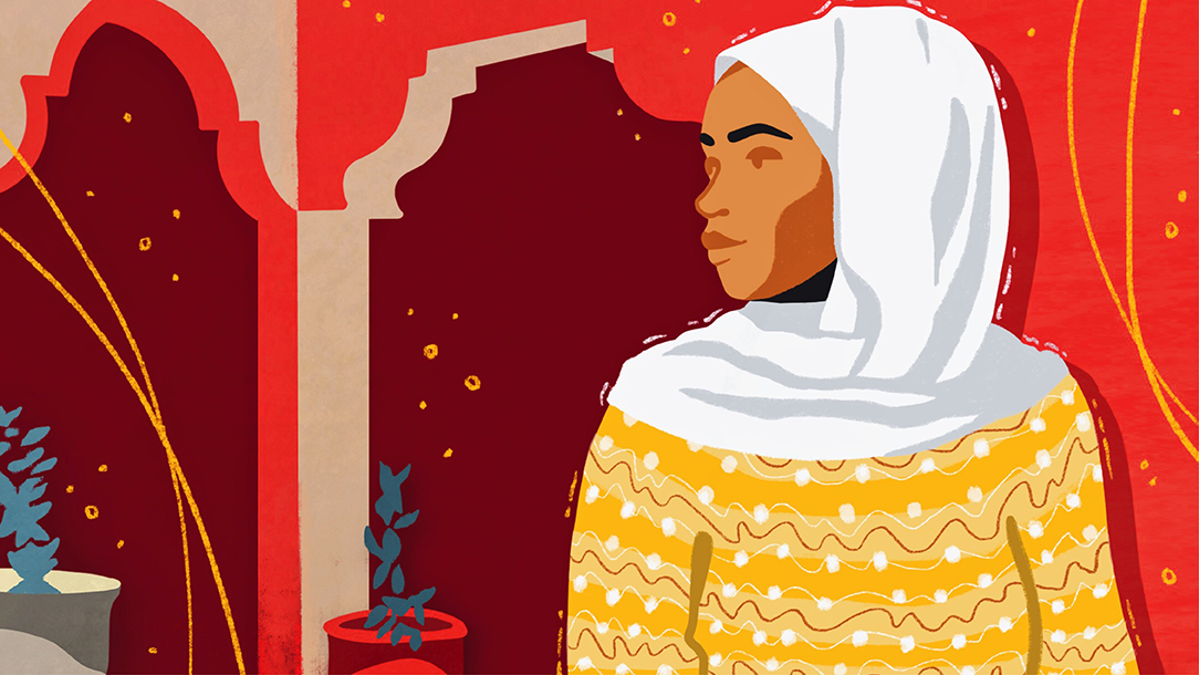 An illustration of a woman wearing a headscarf, looking into the distance in front of a building 