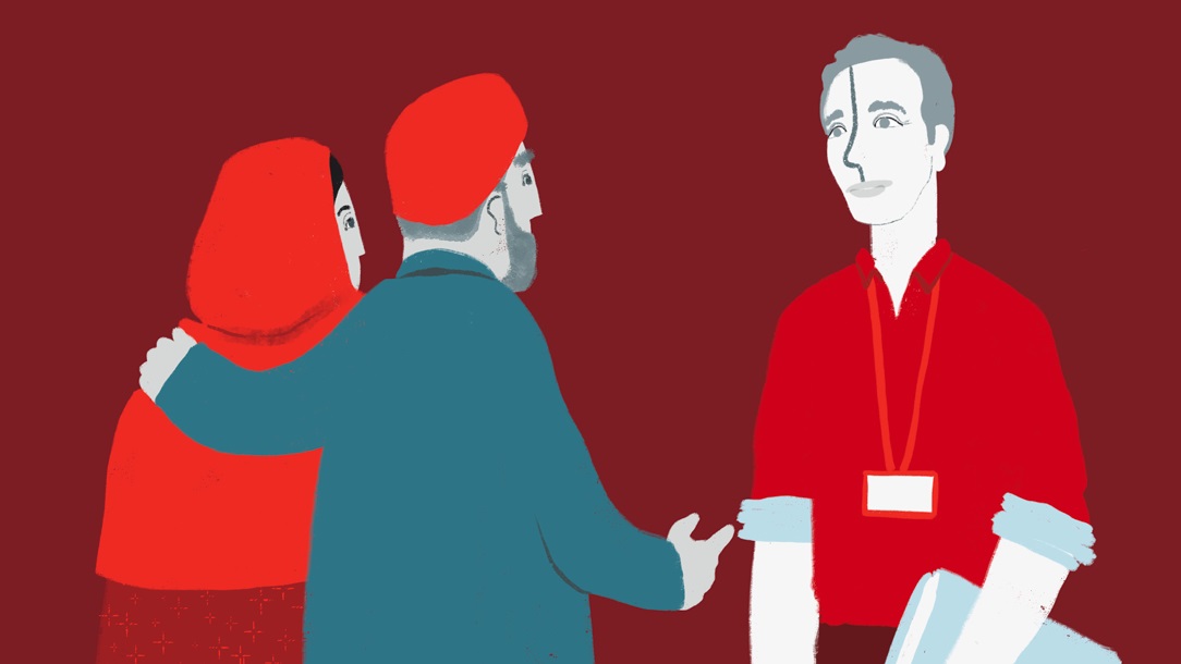 An illustration shows the moment Faridun and his wife were introduced to Henry at the Red Cross Family Tracing office in Leeds