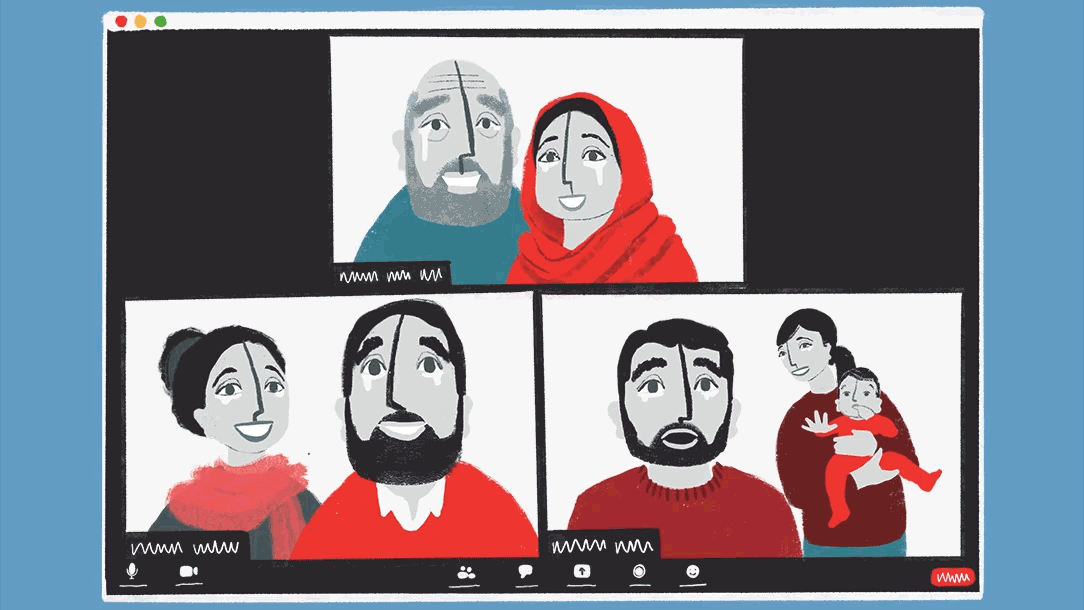 An animated illustration shows the Zoom call on which the family were reunited - Faridun and his wife in the top window, Baryal and his wife in another, and Darwesh and his wife in a third window