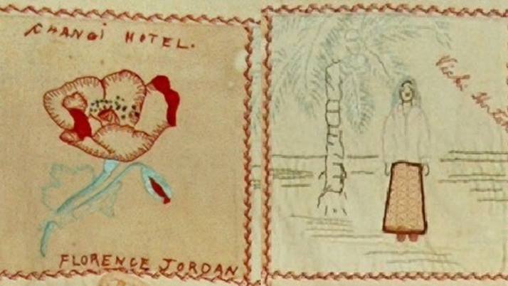 An image of two squares from the quilt, one of which says 'Changi Hotel' and one of which features a person standing next to a palm tree