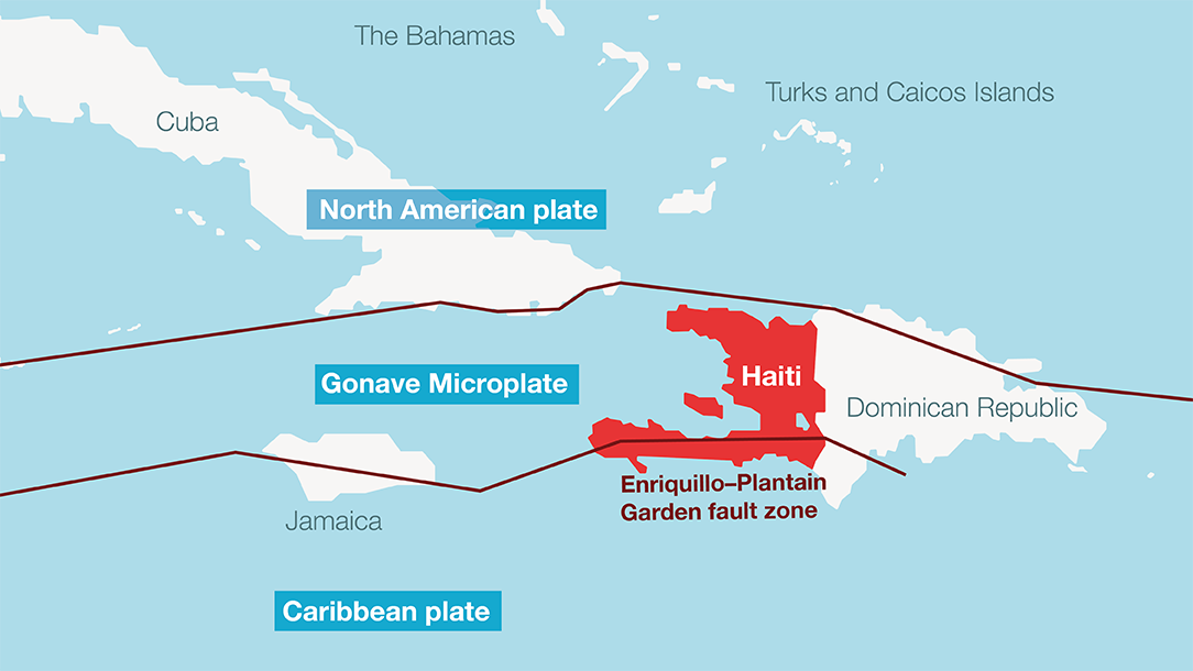 An illustrated map, showing Haiti's positioning over three faultlines
