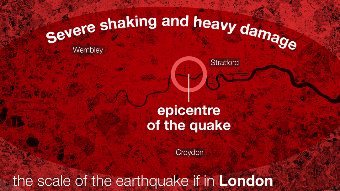 A map of London showing the extent to which the effects of the 14th August earthquake in Haiti would be felt in the capital 