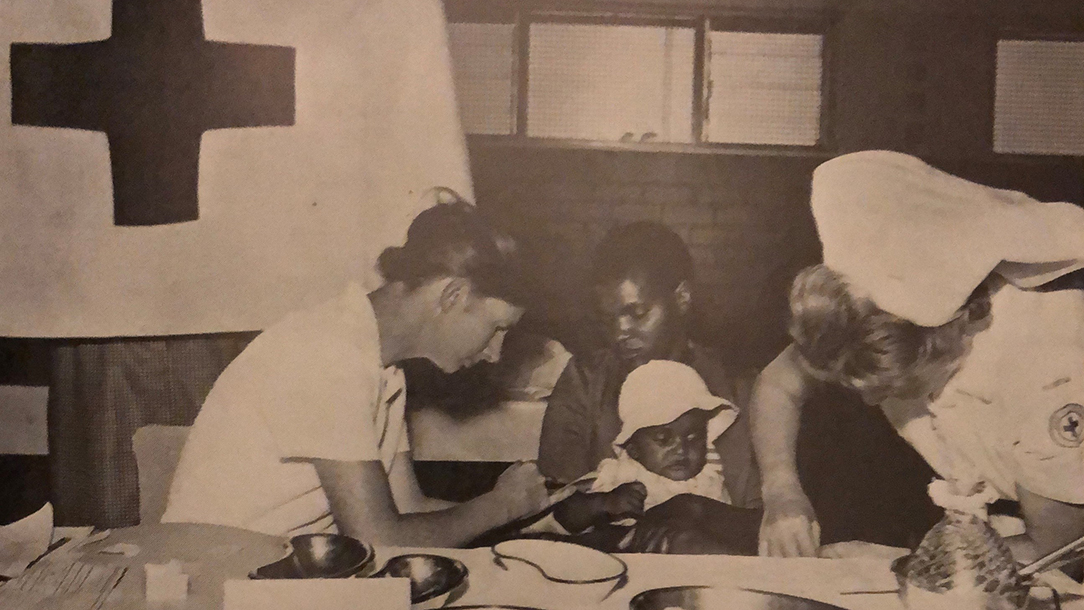 A photograph of Red Cross volunteers carrying out measles immunisations in Rhodesia (now Zimbabwe), 1968