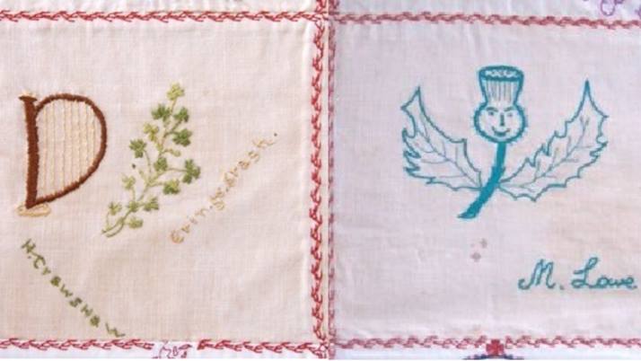 Left: a square of the quilt stitched by Honor Crawshaw and right: a square of the quilt stitched by Maud Lowe