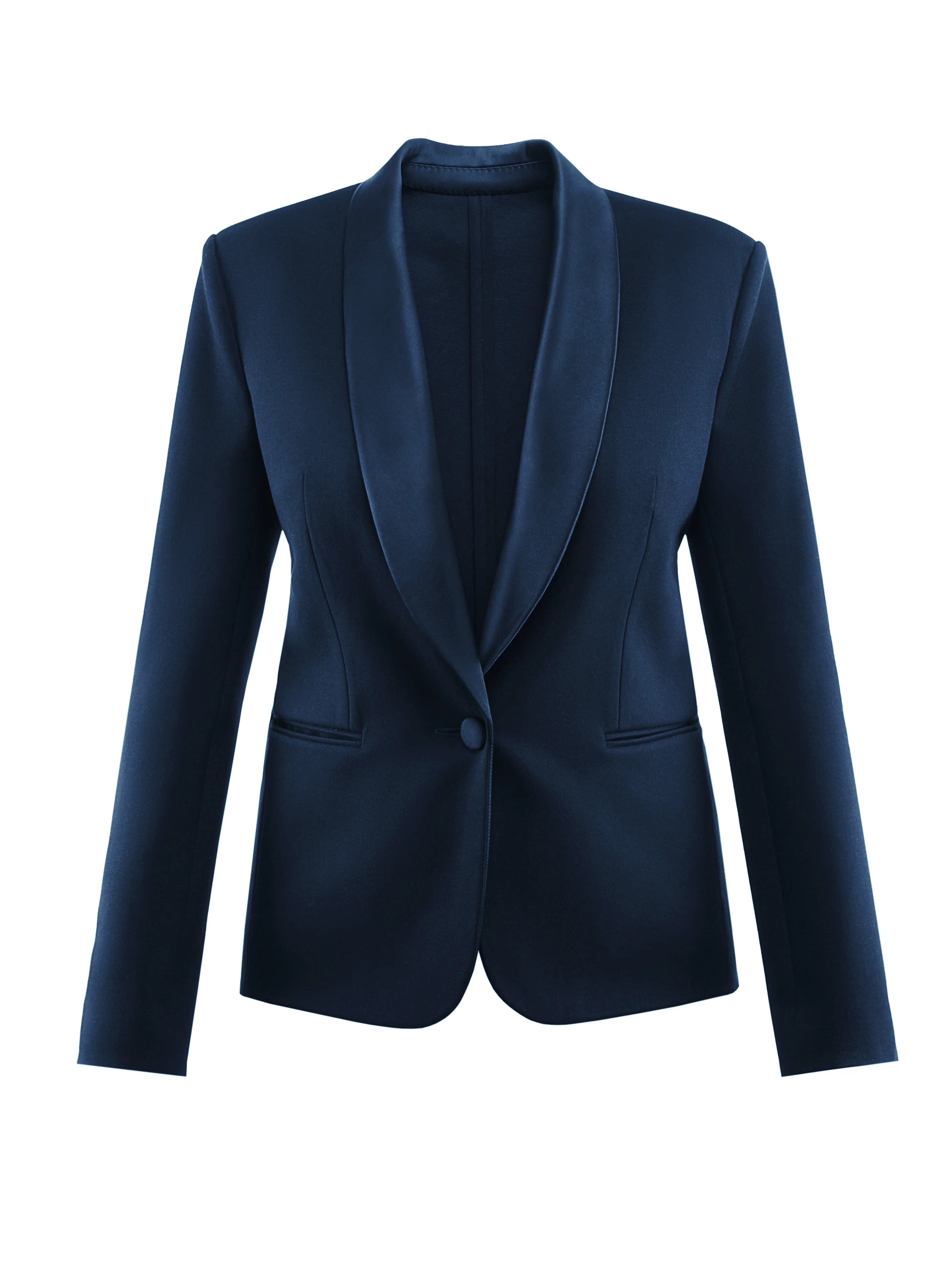 A blue woman's suit jacket.