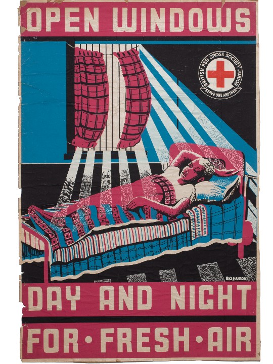 This poster saying 'Open windows day and night for fresh air' was produced by one of the overseas branches of the British Red Cross in Africa during the 1950s. 