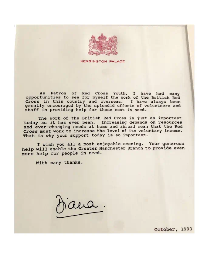 A letter from Princess Diana saying how much the Red Cross is still needed, dated October 1993.