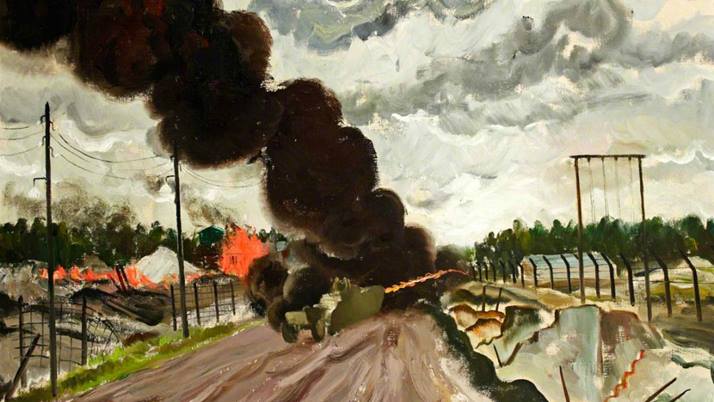 A painting showing a long road with a huge cloud of black smoke at the end of it - the Burning of Bergen-Belsen Concentration Camp.