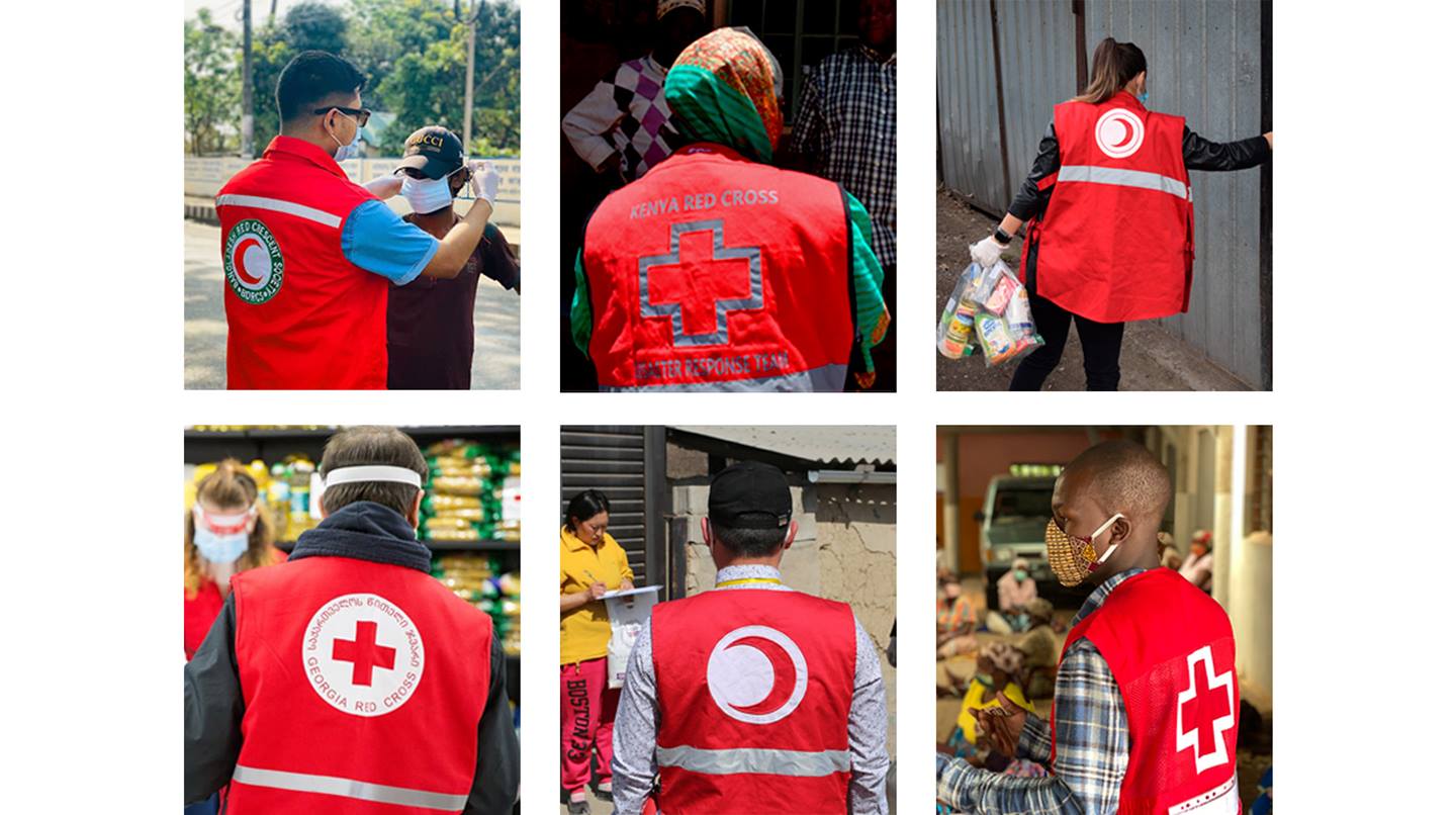 Six small photographs of the backs of Red Cross and Red Crescent volunteers wearing their National Socieites' jackets that show the red cross or red crescent emblems.