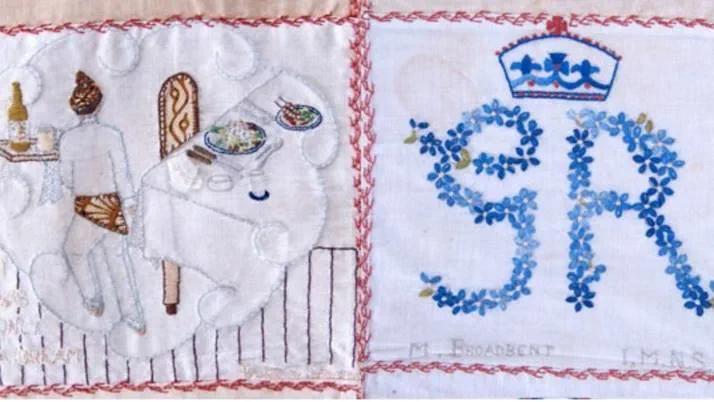 Squares from the quilt including (left) Dutch school teacher Trudie von Roode's, featuring a waiter and a table laid with sumptuous food and elegant cutlery. Right; British nurse Maud Broadbent's square, featuring the letters GR, embroidered as a chain of forget-me-nots. 