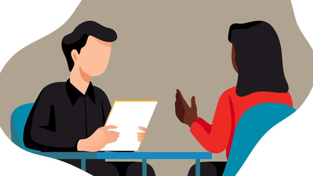 An illustration of a woman being interviewed by a man