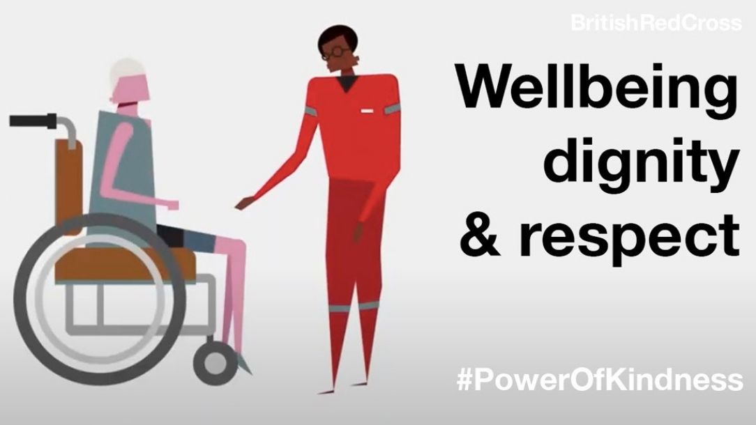 A graphic showing a Red Cross volunteer pushing someone in a wheelchair and the words: "wellbeing, dignity and respect"