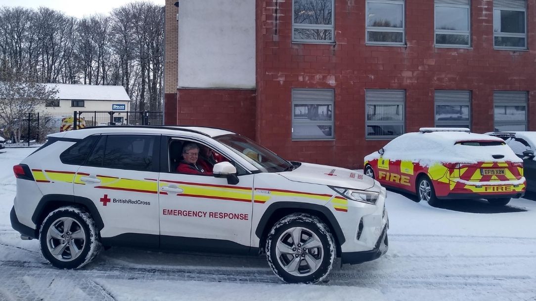 An emergency response vehicle in Wales responding to people affected by Storm Arwen.