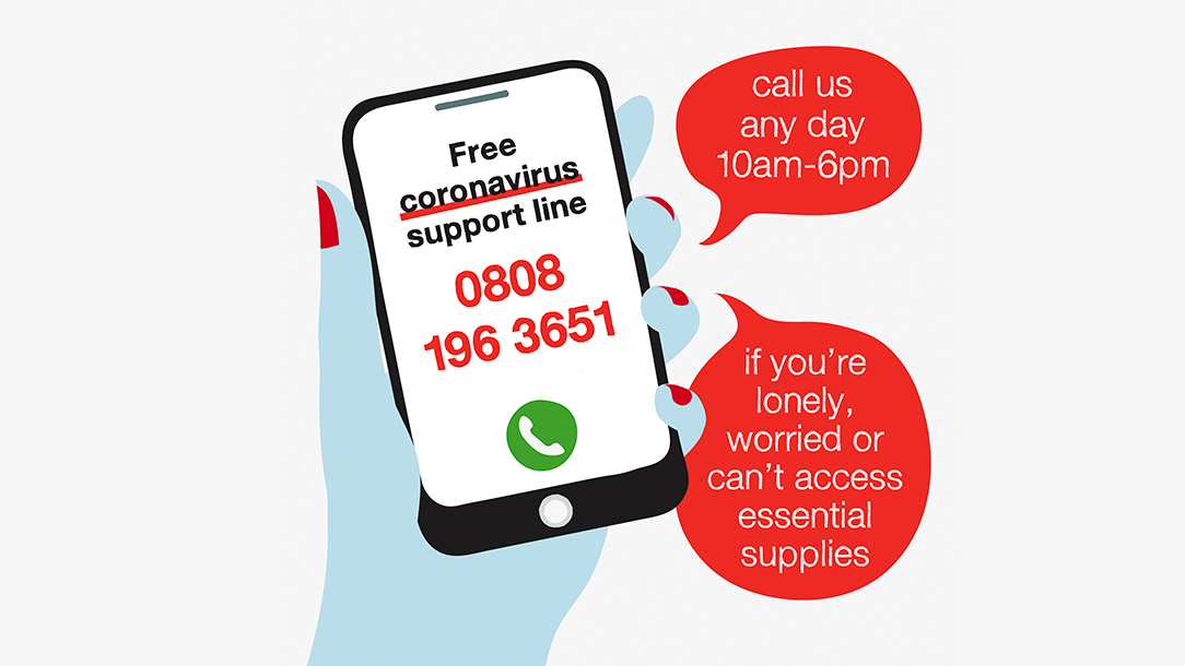 Coronavirus support line illustration showing someone holding a mobile phone with the support line contact details on display.