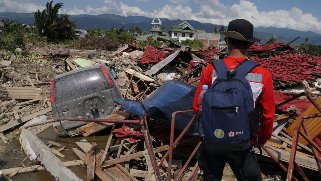 An aid worker looks at the damage following the tsunami