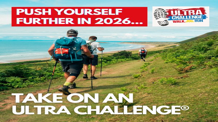 Ultra Challenge 2026 coastal hike event banner with hikers on scenic path, promoting endurance walking, jogging, and running challenges in the UK.