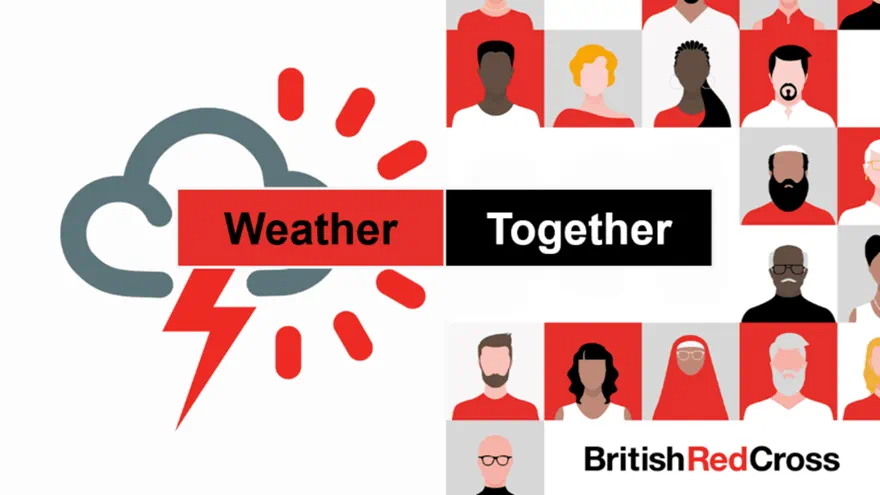 A  graphic showing cartoon people and a drawing of a cloud with rain and a lightening bolt and weather together text