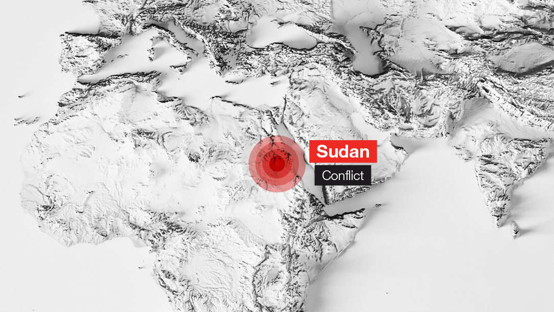 A map of the north of Africa and the south of Europe, with the conflict in Sudan highlighted