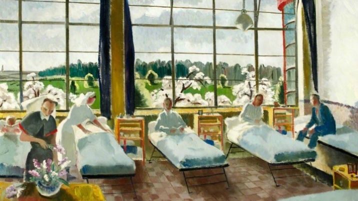 An oil painting showing beds and British Red Cross nurses in the British General Hospital, Belgium, by artist, Doris Zinkeisen.