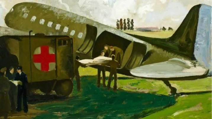 An oil painting of a plane delivering Red Cross supplies by artist Doris Zinkeisen.