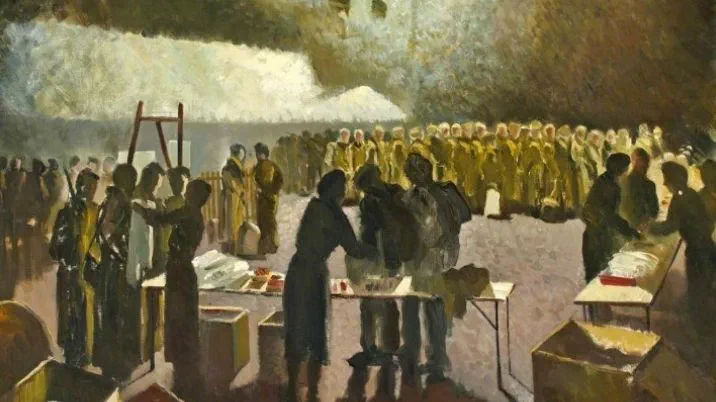 An oil painting by artist Doris Zinkeisen of Red Cross volunteers giving out suppliers to prisoners of War in Brussels behind wire fences