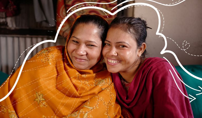 Photo of Mahmuda, 36, and Josna, 38, who are good friends from Hatkhola, Barishal, Bangladesh.