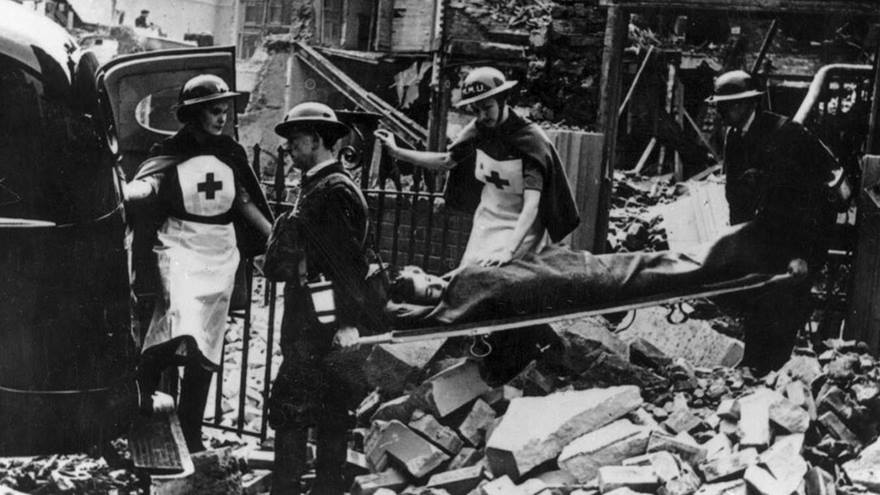 Black and white photo of Red Cross medics during the Blitz