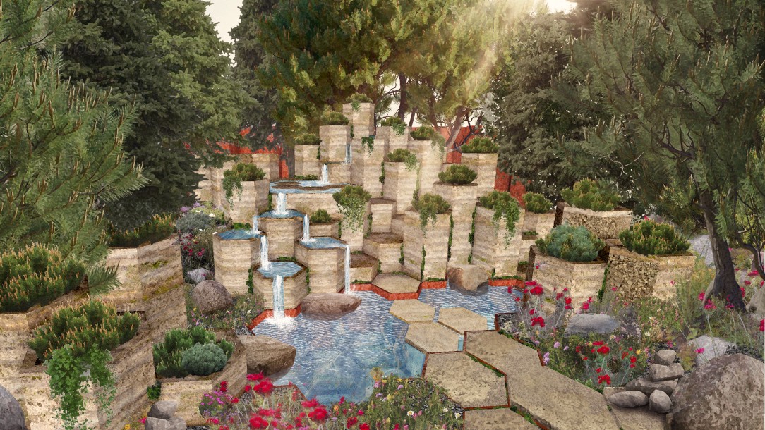 An illustration of the British Red Cross's garden at the Chelsea Flower Show 2025. Against a backdrop of trees, Alpine plants and column-like planters with a water feature flowing throughout