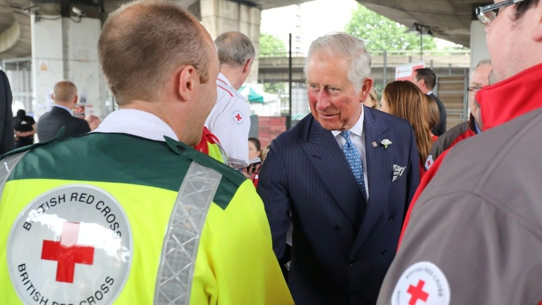 Prince Charles greet volunteers in Wales.